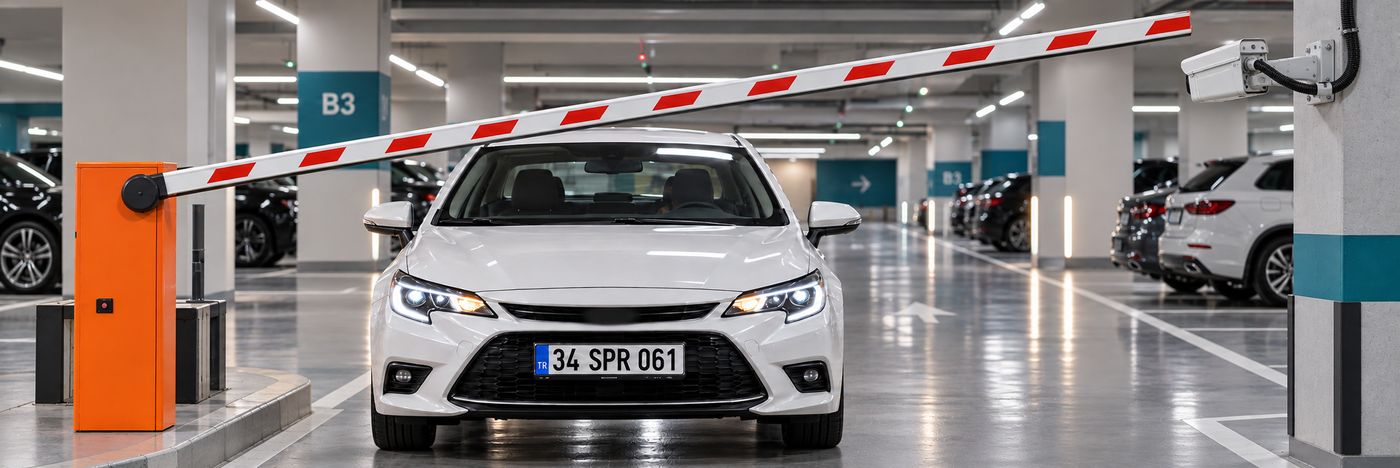 Kapalı otopark girişinde plaka tanıma kamerası ve otomatik bariyer sistemi